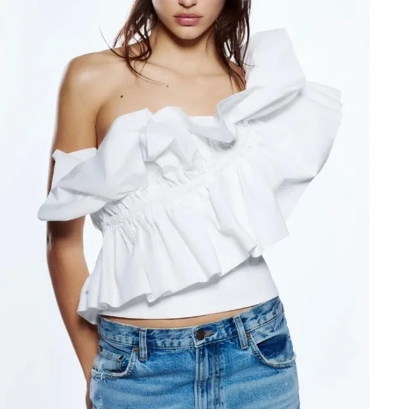NWT Zara Blogger Fav Asymmetrical One Shoulder Poplin Ruffle Top White - Picture 5 of 16